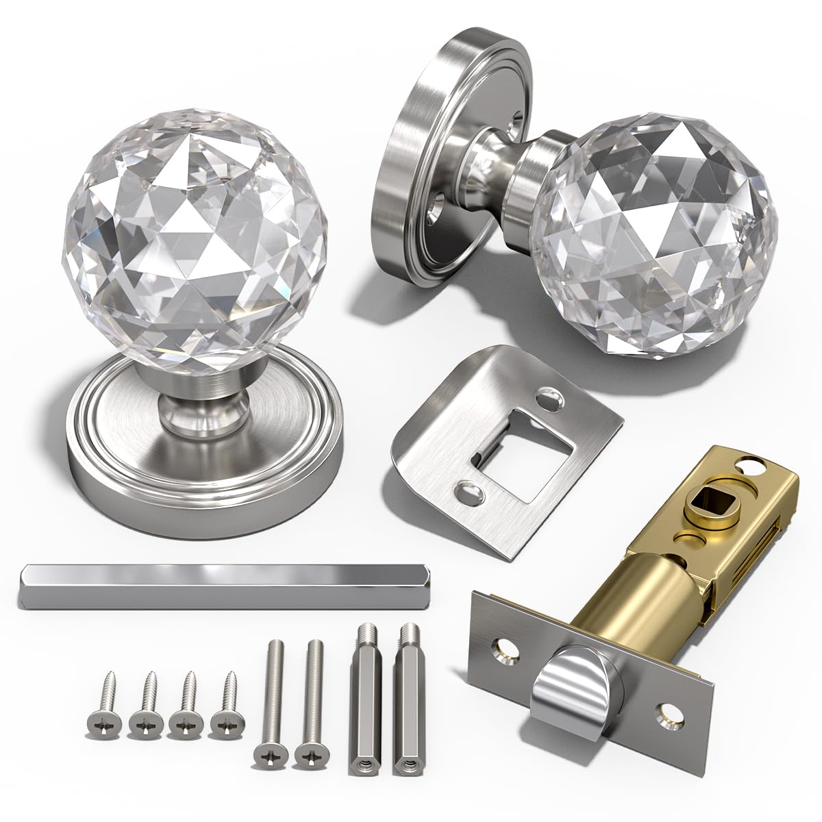 Bwintech 1 Pair Solid Crystal Brushed Nickel Door Knobs, 65mm Palace Style Crystal Internal Door Handle with Latch and DIY Screw Kit for Passage, Bedroom, Hallway