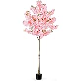OUSHENG Artificial Cherry Blossom Tree, Fake Plants Indoor Decor, Faux Pink Sakura Flowers for Living Room Home House Entryway Bedroom Office Inside Decorations, 6FT