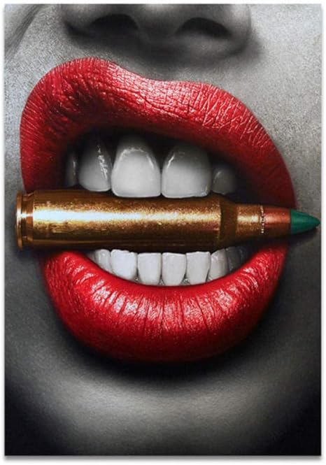 Amazon Co Jp 壁アート画像キャンバス油絵赤い唇弾丸歯噛む何かリビングルーム家の装飾hd 50x75cm いいえフレーム ホーム キッチン