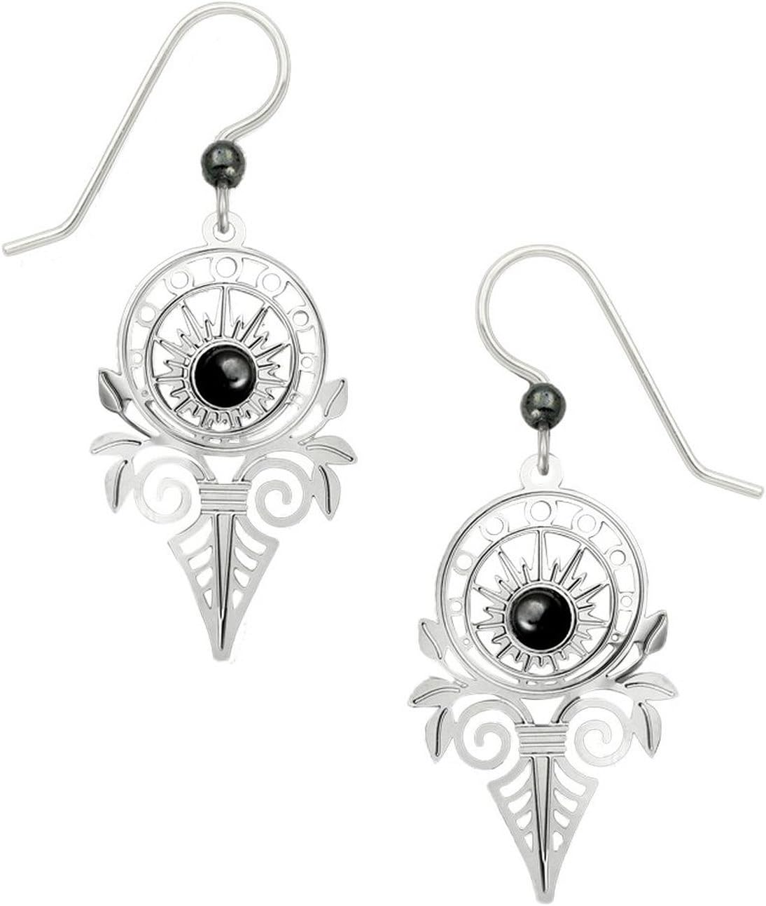 Adajio Thin Lightweight Art Deco Etched Starburst Beaded Dangle Earrings With Cabochon