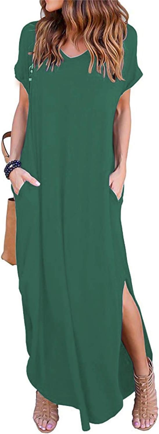 Women's Short Sleeve V Neck Pocket Casual Side Split Beach Long Maxi Dress