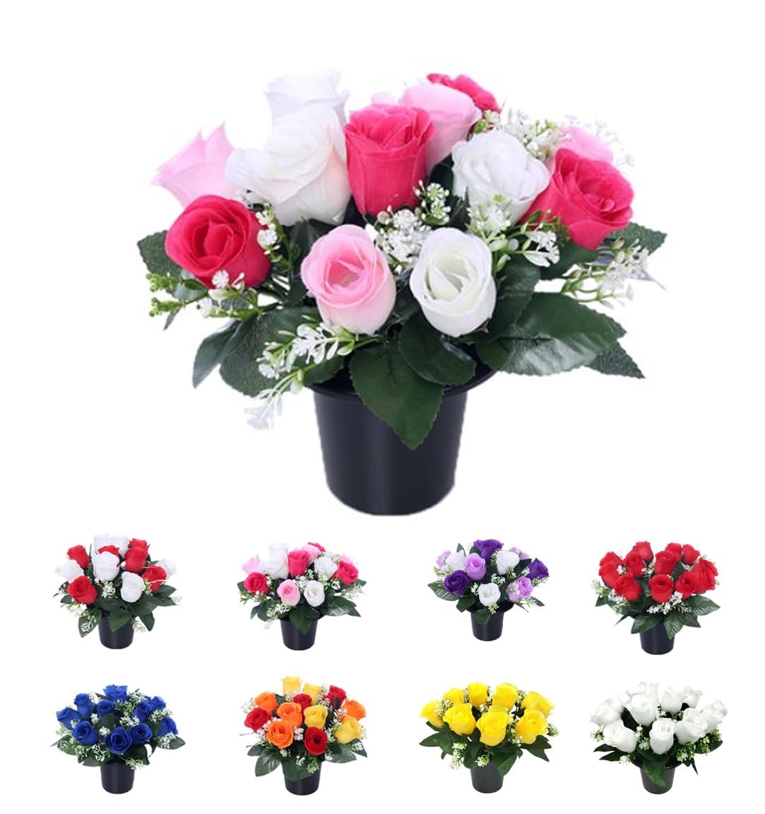 Rose Artificial Flowers in Grave Flower Pots – UV Resistant, Long-Lasting Design for Cemetery Decorations, Grave Displays, Home & Garden Memorial Arrangements (Pink Cerise & Cream)