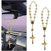 2PCS Car Rearview Mirror Rosary Decor, Personalized Decoration Protection Pendant, Car Interior Hanging Accessories, Auto Rear View Mirror Charm for Women Men (Golden)