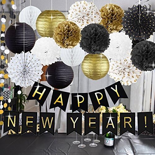 Kubert New Years Decorations Kit Happy New Year Banner Glitter Gold Black Star Paper Garland Gold Black White Color Tissue Paper Pom Poms Paper Flowers Paper Lanterns Paper Honeycomb Balls Party Hangi