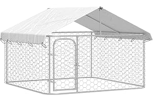vidaXL Outdoor Dog Kennel with Roof, Silver, Multi-Purpose, Spacious Exercise Area, Galvanized Steel Construction, Hinged Door, Lockable Latch System, Fire- and UV Protected Canopy