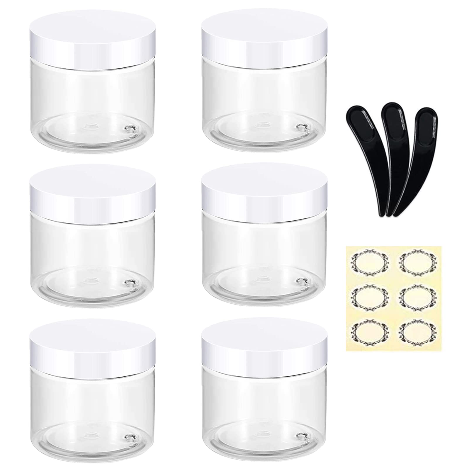 Alledomain 6Pcs 100g/100ml Clear Plastic Jars with 3Pcs Mini Spatulas & Labels Round Cosmetic Sample Container with Inner Liners & White Lids for Lotions Cream Ointments Travel Makeup Beauty Storage