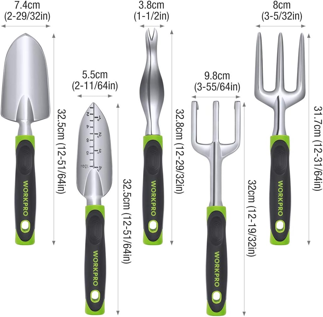 WORKPRO Garden Tool Set 5 Pieces Gardening Work Gifts Cast Aluminum Outdoor Hand Tools Kit for Men and Women Including Trowel Transplanter Weeder Hand Fork Cultivator: Home Improvement