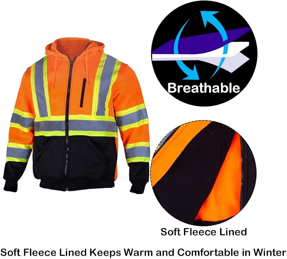 VENDACE Men's ANSI Class 3 High Vis Safety Reflective Sweatshirt Wool Fleece Zipper Jacket Hoodie with Black Bottom: Clothing