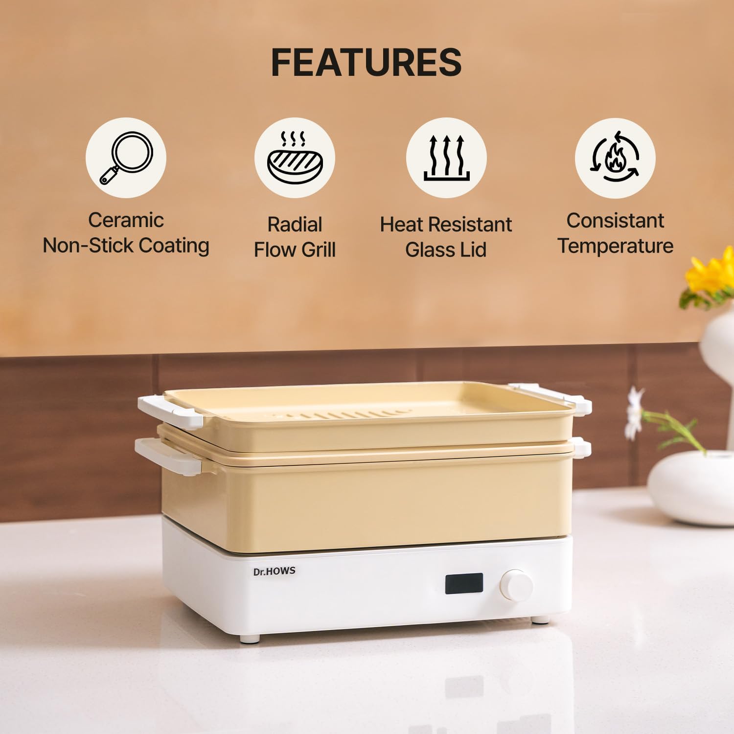 Dr.HOWS Doran Doran 3 in 1 Electric Skillet, Combo Multi Cooker, Rectangle Hot Pot Fryer Pan Griddle and Grill with Safe Nonstick Coating, Steady Heat, Glass Lid (yellow)