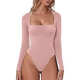 QINSEN Women's Sexy Square Neck Bodysuit Long Sleeve Double Lined Shirt Tops