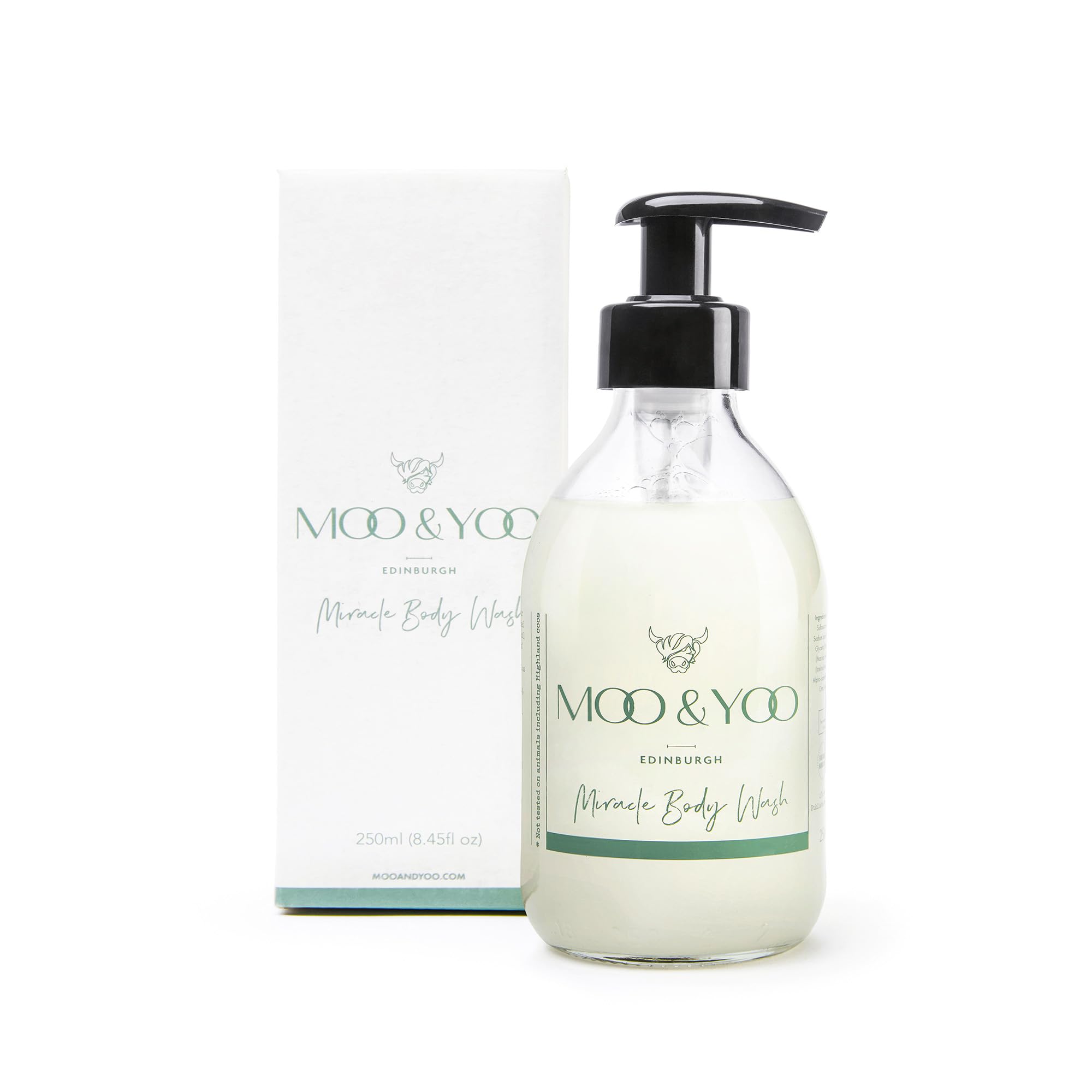 Moo & Yoo Miracle Body Wash - Marula Oil & Icelandic Moss - Natural Body Wash - Moisturising Shower Gel - Vegan & Cruelty Free - 250ml Recyclable Glass Bottle