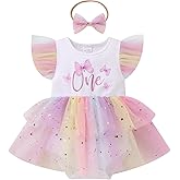 ODASDO Baby Girls 1st Birthday Cake Smash Outfit Flutter Sleeve Tutu Romper Dress with Bowknot Headband Set