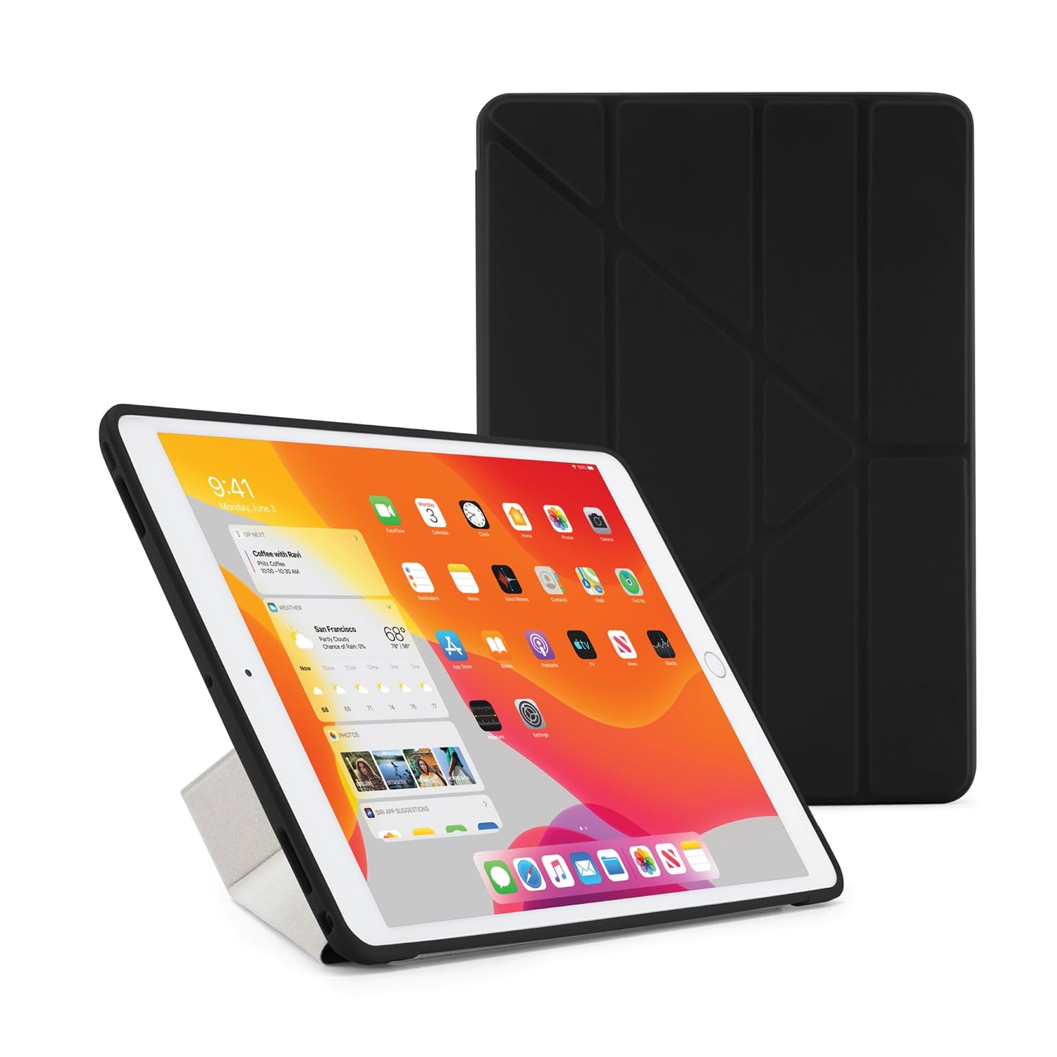 PIPETTO Origami No1 Original Case for iPad 10.2 (2021/2020/2019), Slim 5-in-1 Stand Cover with Hard Clear Back, TPU Bumper, Pencil Compatible - Black
