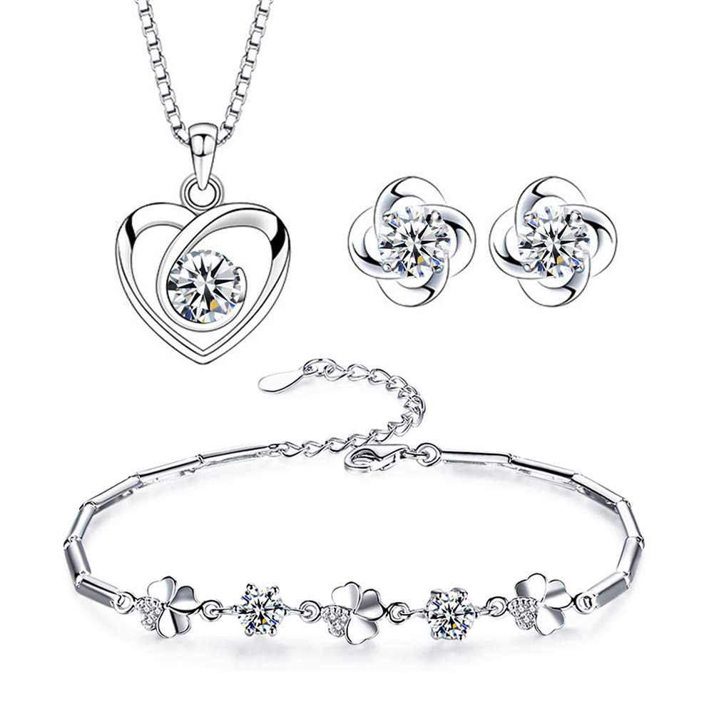 Josfeva Silver Jewellery Sets for Women, 925 Sterling Silver Heart Pendant Necklace & Clover Stud Earrings & Bracelet Set with Cubic Zirconia, Bridal Wedding Bridesmaid Ladies Jewellery Gift Set