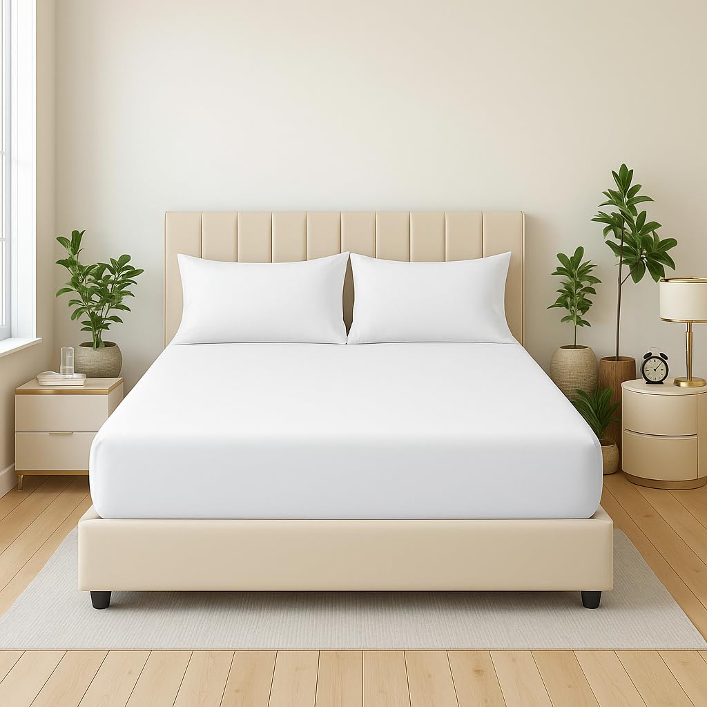 Dazzle Collection® Full Fitted Sheet Bed Sheets 100% Polycotton Machine Washable Fitted Sheet (Single, White)