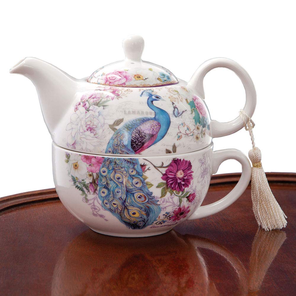 Bits and Pieces - Tea For One Peacock Porcelain Teapot and Cup Set - Elegant Peacock Design With Delicate Tassel on Teapot Handle Makes Great Decoration - Includes Decorative Gift Box