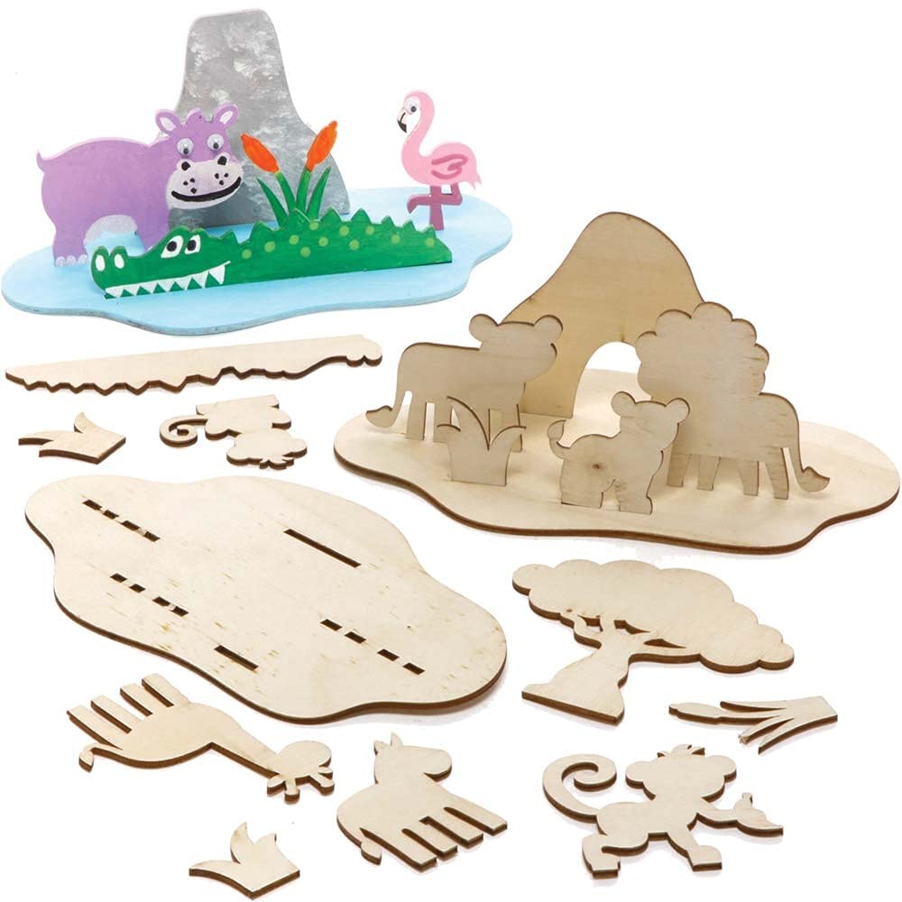 Baker Ross FE251 Jungle Animal Wooden Scene Kits - Pack of 4, Woodcraft Construction Kits For Kids Arts and Crafts Projects