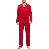 SWOMOG Mens Silk Pajamas Set Satin Long Sleeve Button Down 2 PCS Sleepwear V Neck Classic Loungewear Pjs with Long Pants