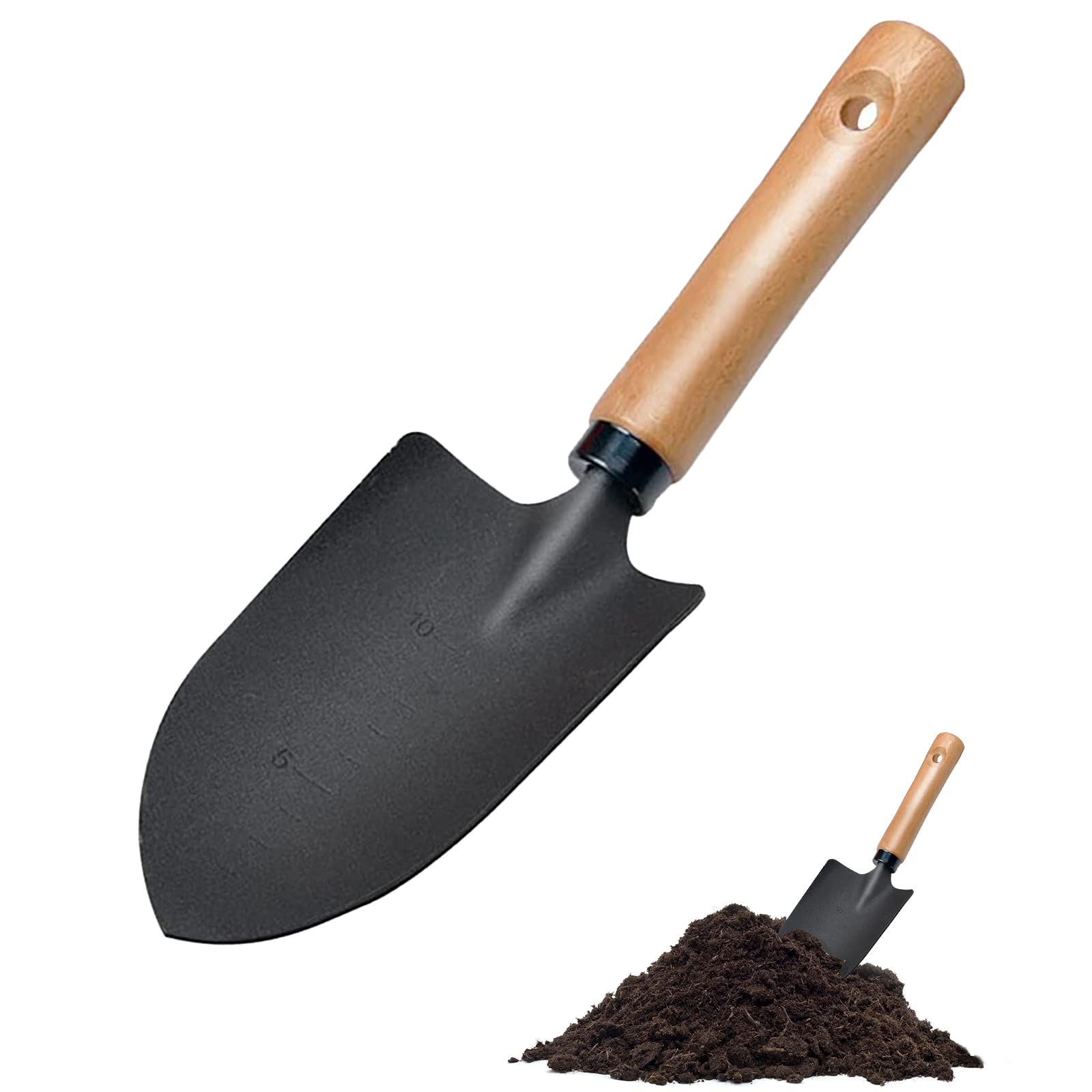 Jetisva Hand Garden Trowel Carbon Steel Small Shovel Angled Bend-Proof Digging Spade Measuring Depth Mark Heavy Duty Metal Detecting Gardening Transplanting Planting Soil, black (SS01)