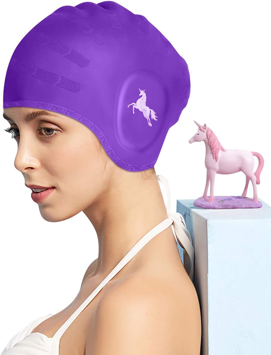 FUNOWN Swim Cap, Silicone Long Hair Swim Cap for Women, Swimming Cap for Long Short Hair Women Men with Nose Clips, Earplugs & Ear Pockets