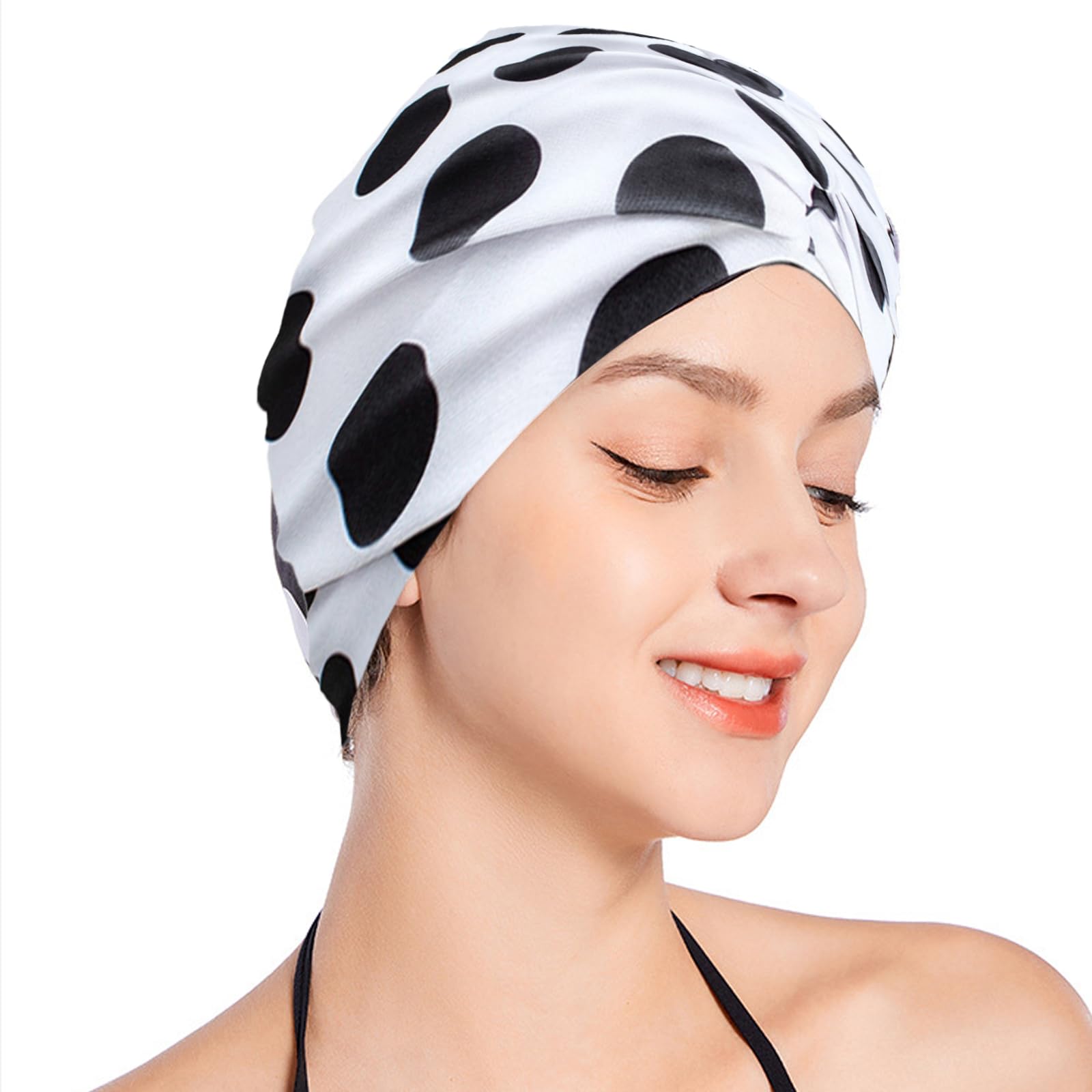 SUNTRADE Women Lady Girls Bathing Cap Long Short Hair Swiming Cap Pleated Knotted Turban Hats Non-Waterproof Swim Cap (White-Black)