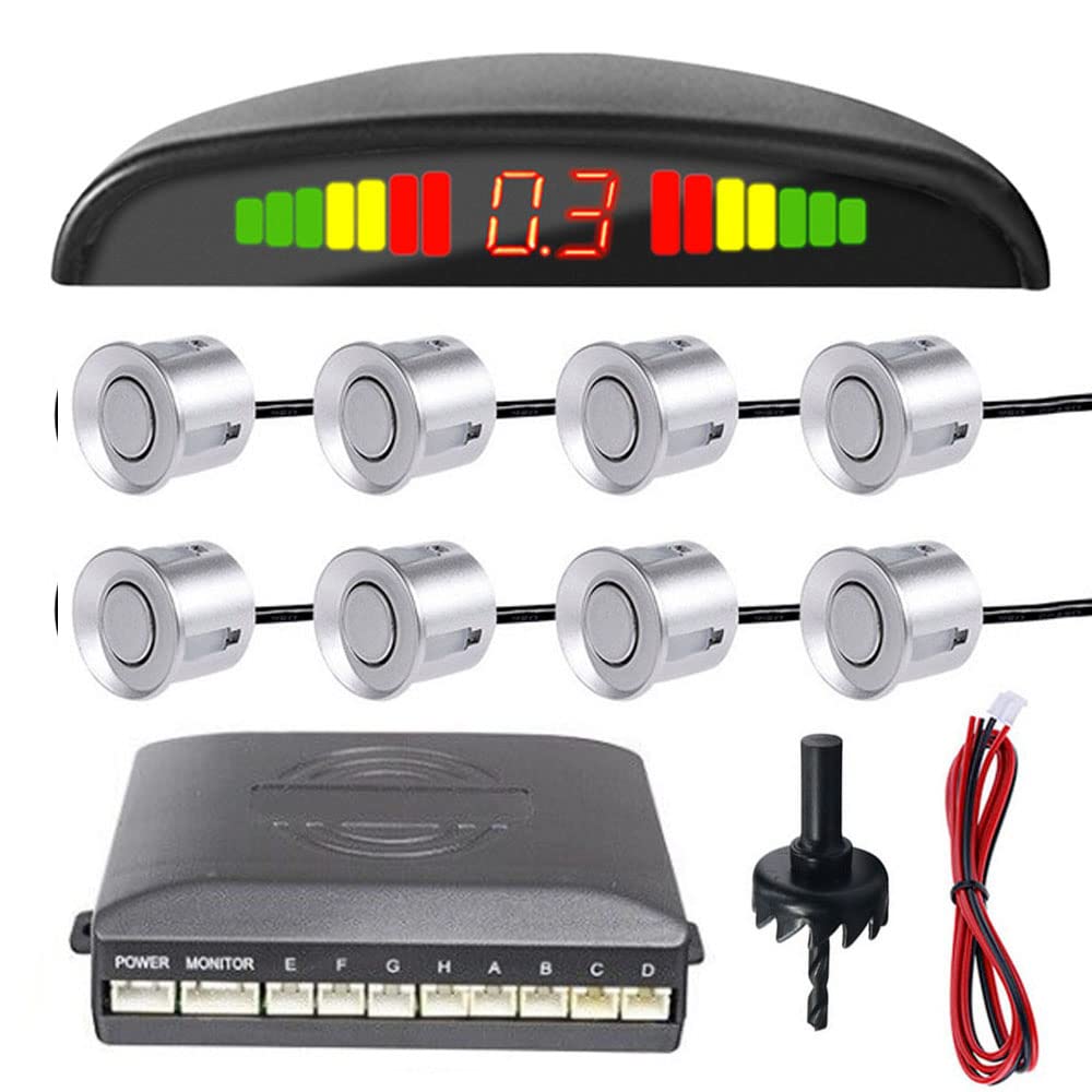 MOCNT Car Reverse Parking Sensors Car Rear Reverse Parking Radar System Car Parking Sensor Kit 8 Sensor Auto Sound Alarm Alert Reverse Backup Radar Display Silver