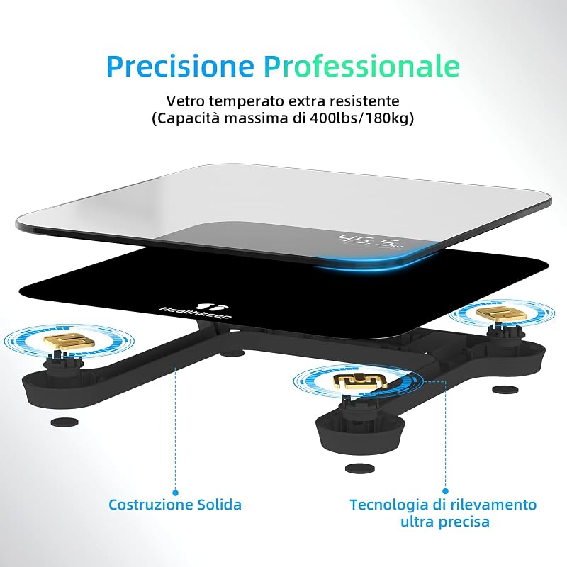 Bilancia corpo con sensori ad alta precisione: bilancia pesapersone digitale in vetro di sicurezza, nero