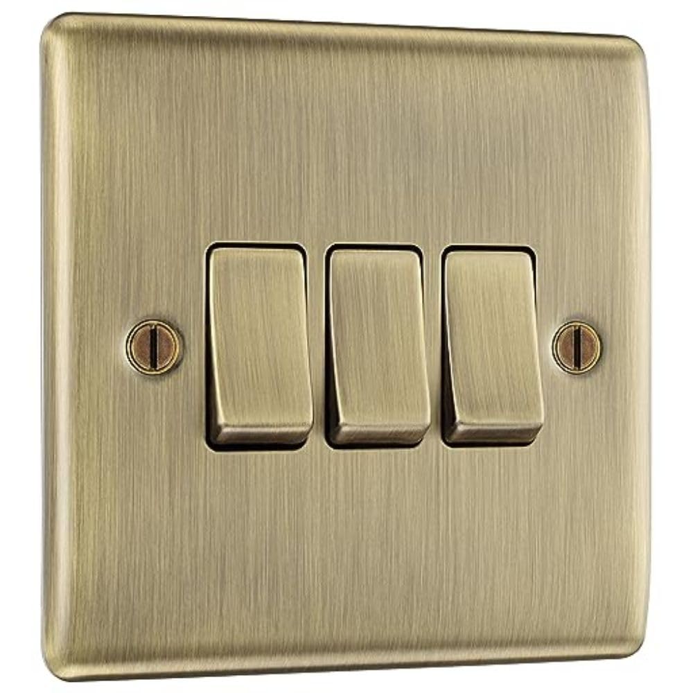 BG Electrical Triple Wall Light Switch, 2 Way, Raised and Slim Profile, Round Edges, Nexus Metal, Antique Brass, 20A, 16AX, NAB43