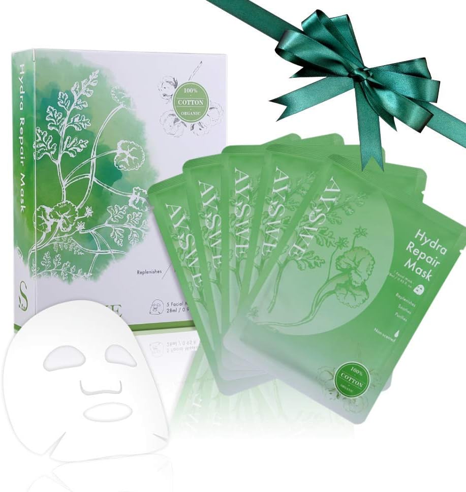AYSWE Un-scented Hydrating and Repair Face Mask Sheet EXP. AUG to reduce Fine Lines, Wrinkles, Balance and Refine Pores for Oily, Acne-prone, Sensitive & All Skin Types, 5 Facial Masks