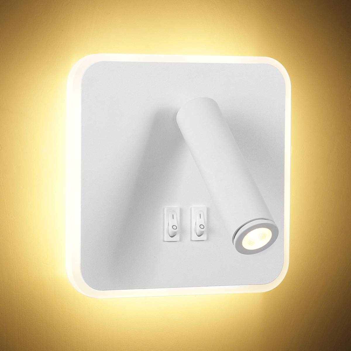 KAWELL 8W Modern Wall Light LED Reading Spotlight with Switch 350° Swivel 2 in 1 3W Wall Spotlight LED Wall Lamp for Living Room Bedroom Bedside Study Room, White 3000K