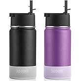 koodee Small Water Bottle 2 Pack-12 oz Stainless Steel Double Wall Vacuum Insulated Wide Mouth Water Bottle BPA Free(Purple-Black)