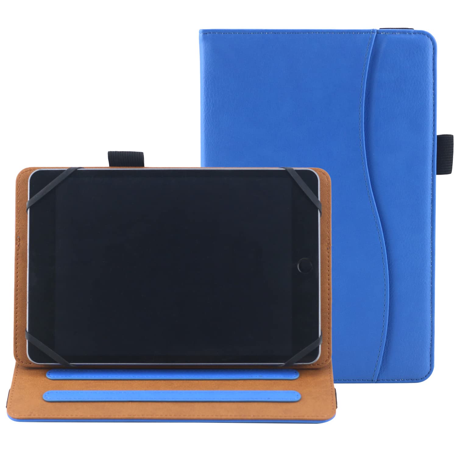 6 7 8 Inch Universal Tablet Case Folio Leather Stand Shell Case with Adjustable Angle Band and Pouch for Documents, Cards and Pen Holder (Blue)