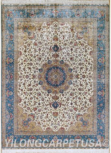 YLU 9'x12' Large Oriental Silk Carpet Tabriz Floral Medallion Area Rugs Home Handmade Carpet, Beige/Blue