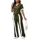 Fooullaide Women's Lounge 2 Peice Outfit Dressy Casual Short Sleeve Flared Slit Wide Leg Pants Set Match Sweatsuit