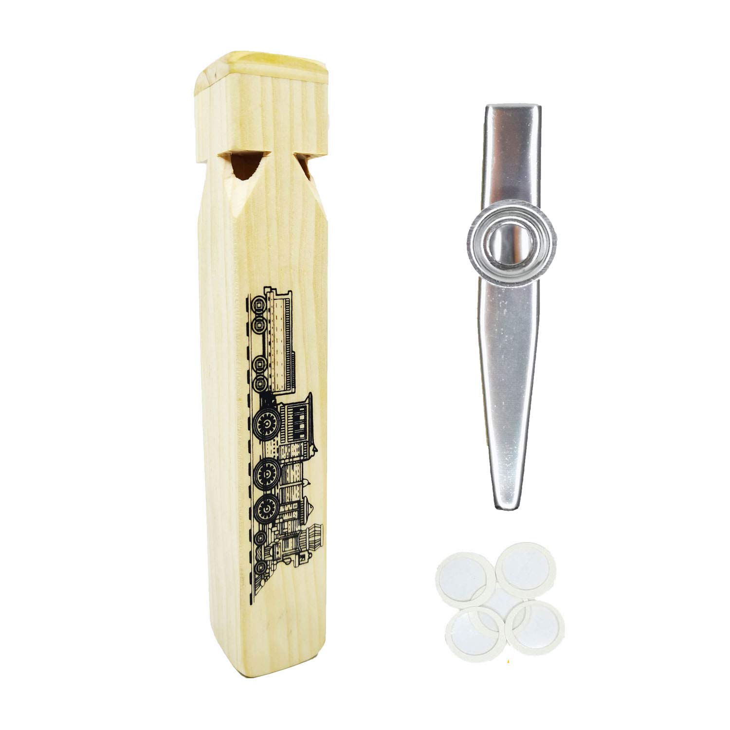 2Pcs-Wooden Train Whistle and Silver Kazoo for Music Instrument Gifts Wood Musical Instrument Educational Toys