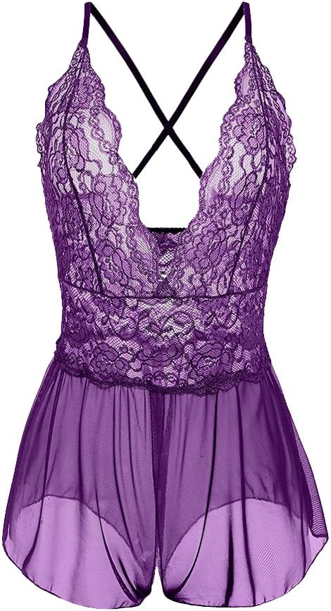 Women's Lingerie SpicyIzzy Open Crotch See Through Underwear One Piece V-String Lace Mess Crotchless Miniskirt Undergarment Babydoll Dress Plus Size (L, Purple)