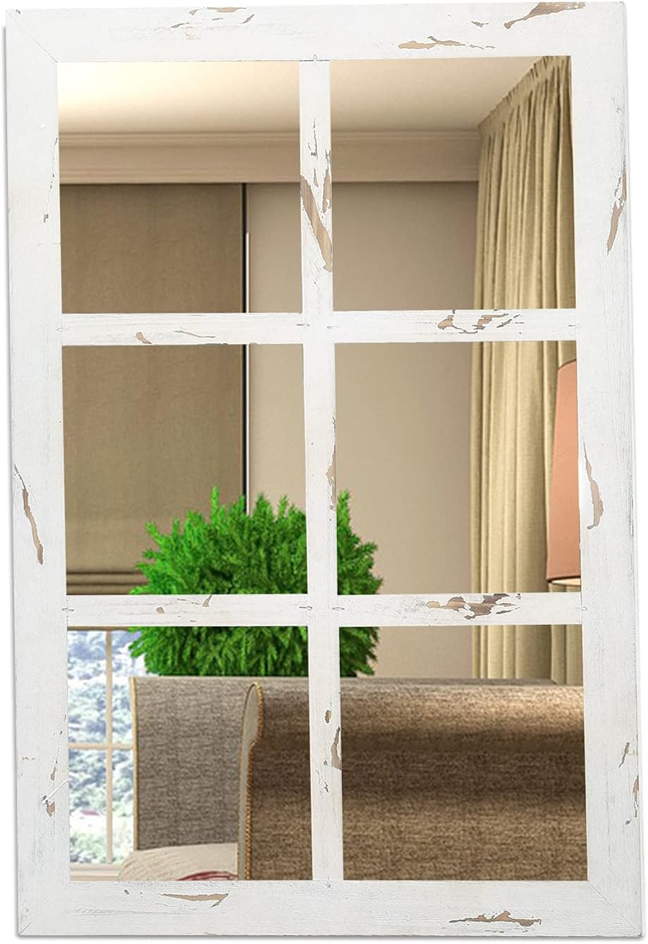 Wall Mirror Farmhouse Rectangular Window Mounted Decorative Long Hanging Wood Decoration for Bathroom Vanity, Living Room or Bedroom（White）