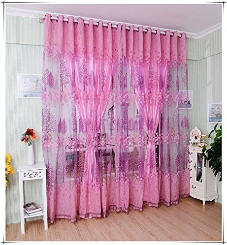 Half Shading Window Curtain Leaves Pattern Curtains for Living Room Decoration Screening Pastoral Voile Bedroom Decal 2Pcs Purple