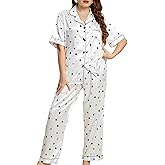 NYXBLOOM Plus Size Satin Pajamas Sets for Women Button Down Heart Short Sleeved Shirt & Long Pants