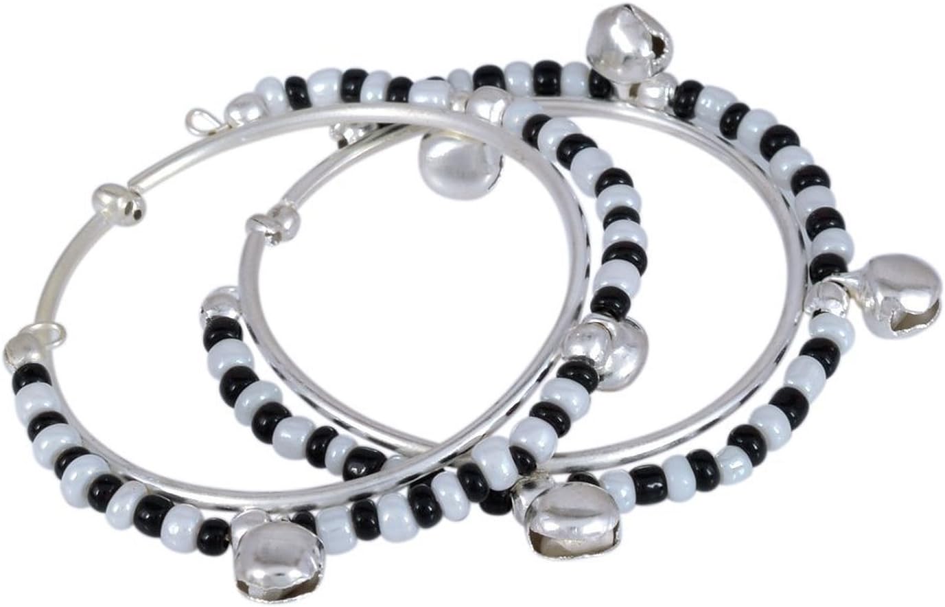 Silver Plated Classic Black and White Beads Traditional Adjustable Size Cuff kada Bangle Nazariya for New Born Baby Child Jewellery (0-9months)
