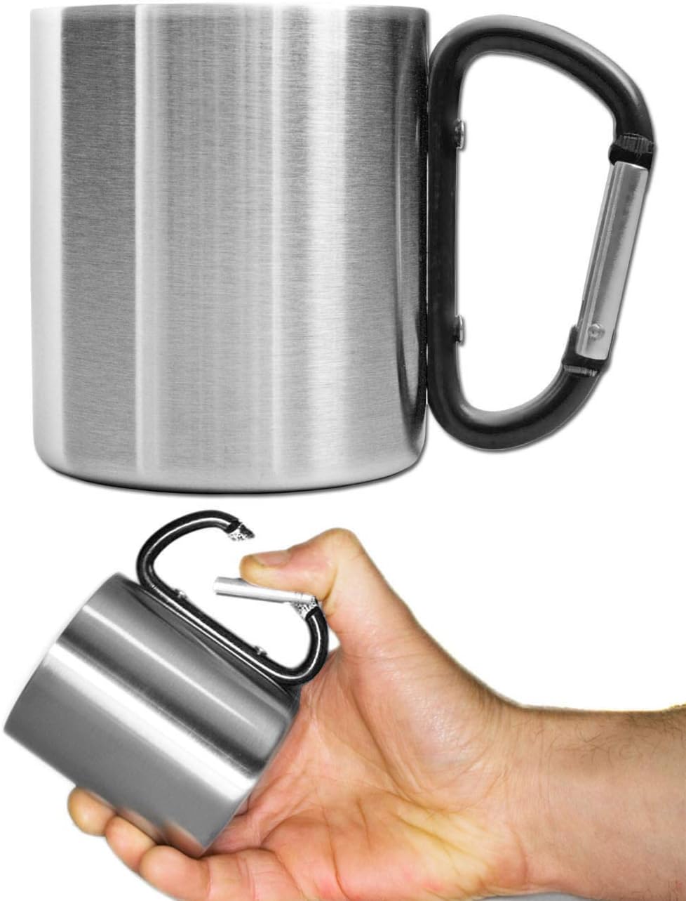 Outdoor Saxx - Heavy Duty Camping Mug with Carabiner Handle Stainless Steel 250ml (Silver/Black)