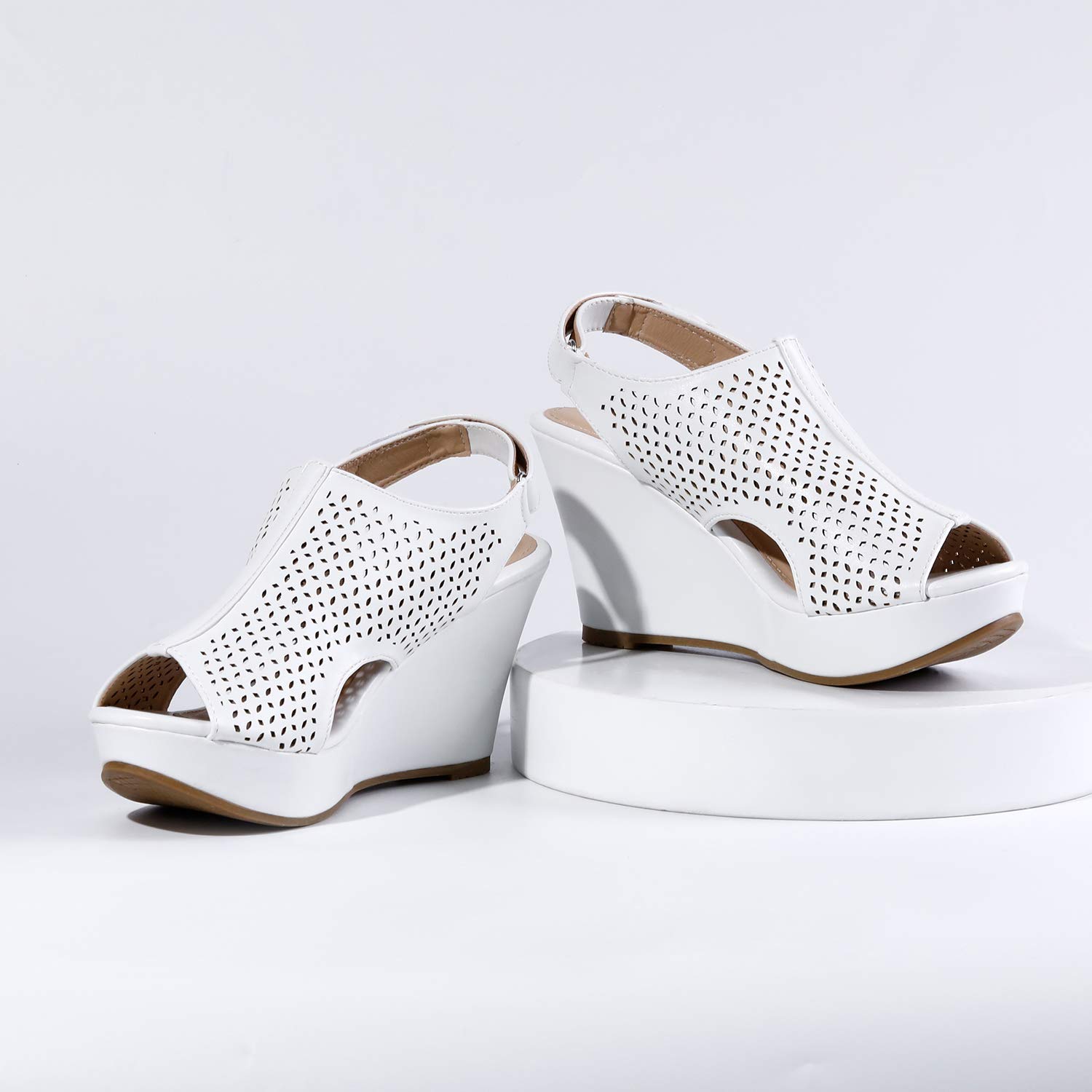 Trary Women\'s Adjustable Strap Peep Toe Wedge Sandal White 10