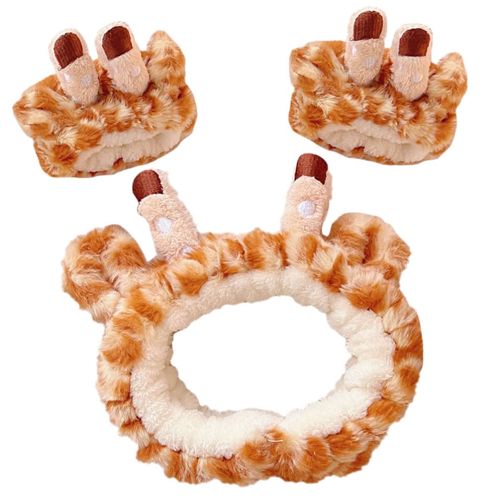 Beavorty Spa Headband with Wristbands Set Cute Giraffe Face Wash Makeup Headband and 2pcs Wrist Washband Scrunchies Cuffs to Avoid Liquid from Spilling Down Your Arms