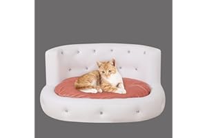 YOONNIE ROOM PU Leather Dog Sofas and Chairs,Wooden Frame Cat Bed,Dog Bed with Soft Velvet Cushion,Crystal Bbutton Pet Sofa for 45 Pounds Pet Using,White