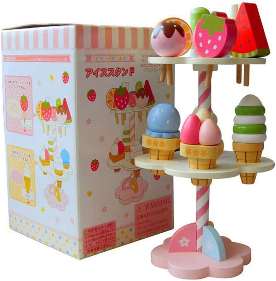 Luerme Childrens WoodenIce Cream Stand 11 Pieces Ice Cream Toy Wooden Simulation Play House Ice