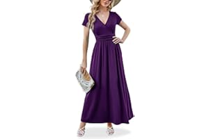 ANRILITA Maxi Dress for Women Wrap V Neck Short Sleeve Empire Pleated Waist Summer Casual Elegant Long Dresses with Pockets
