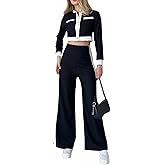 Elyndra Classy Women’s Sets 2 Piece Outfits Long Sleeve Cropped Blazer & Wide Leg Pants Suit Set Fall Business Casual Outfits