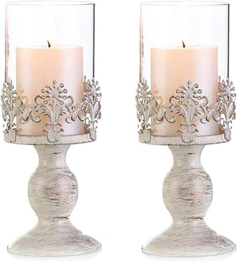 Amazon ガラススクリーンカバーチャームアクセントディスプレイホームデコレーション付き2個ヴィンテージメタルピラーキャンドルホルダー キャンドル キャンドルスタンド オンライン通販