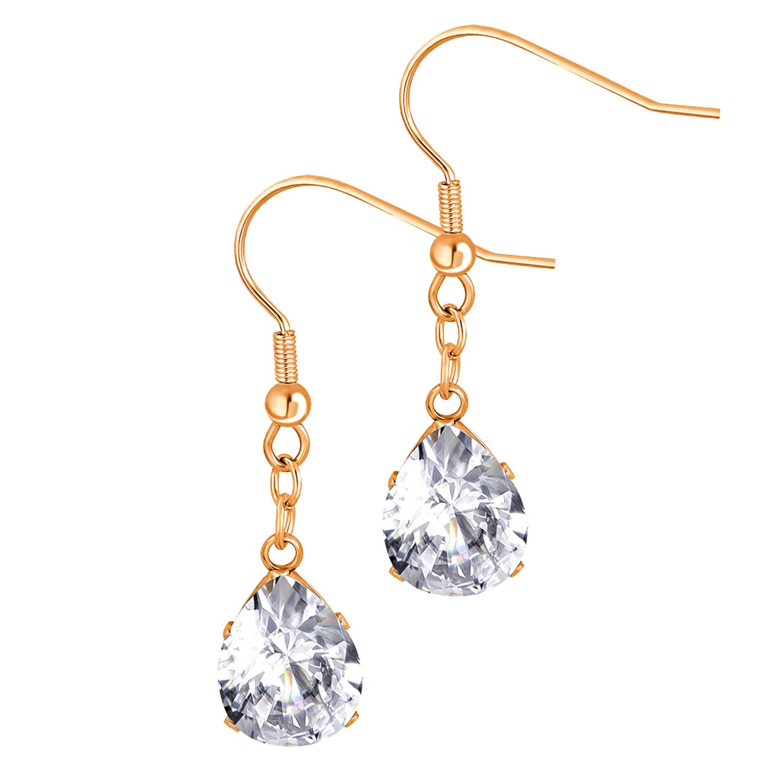 555Jewelry Stainless Steel Sparkly White Cubic Zirconia Drop Dangle Teardrop Earrings for Women, Pear Bridal Earrings, Tear Drop Dressy Earrings for Women, Rose Gold