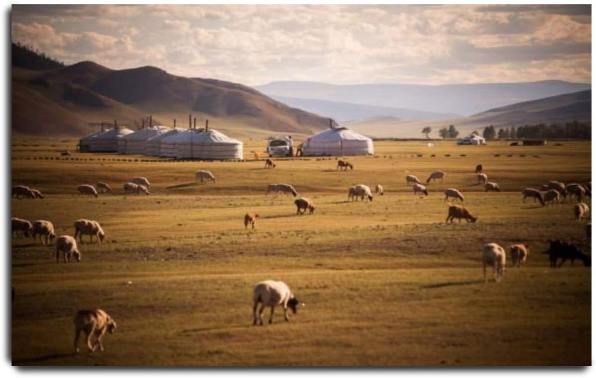 VIUBGCPS Canvas Print Pictures Wall Art Painting Mongolian yurts on a Field Framed & Stretched Posters Ready to Hang Home Decor Artworks - 20x32inch